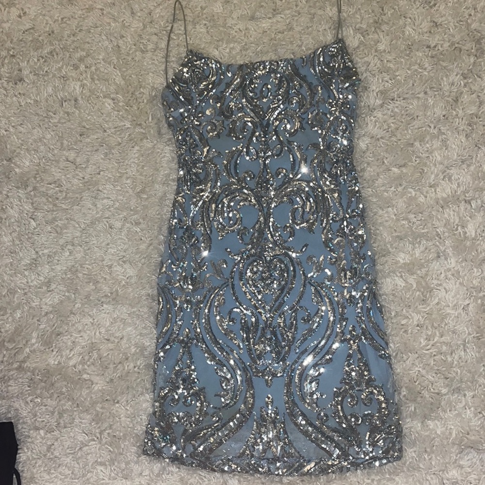 Blue and silver sparkly formal mini dress